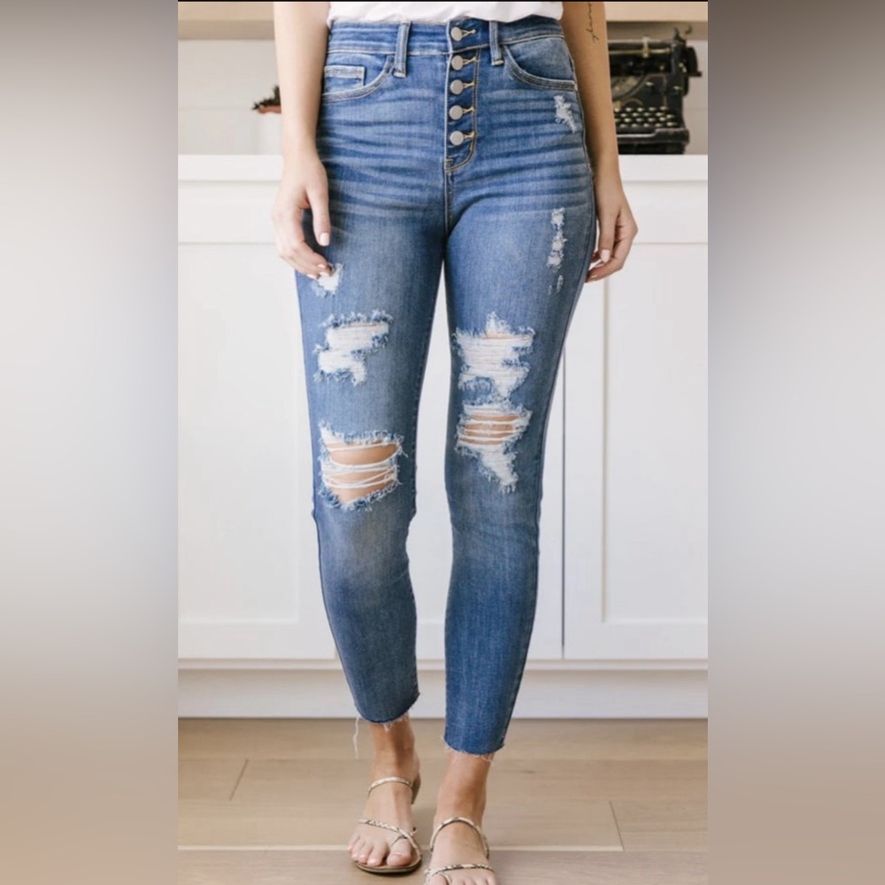 Judy Blue Button Fly Distressed Denim Jeans NEW